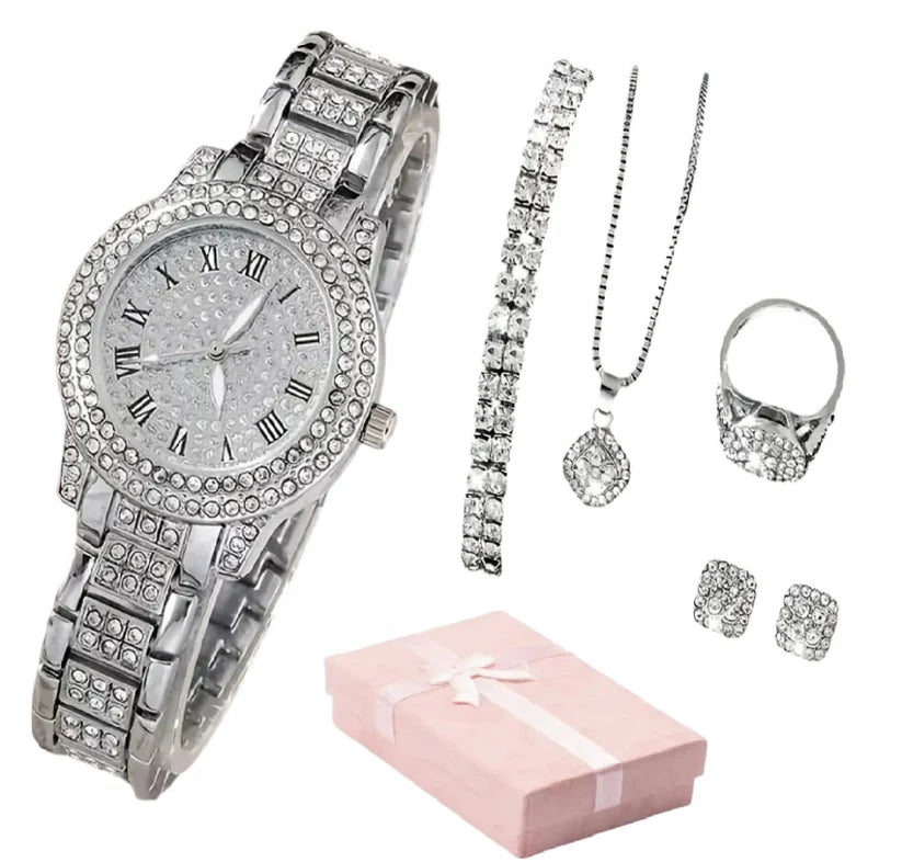 Women Gifting Set Wrist Watch with Jewellery Earring Necklace Ring Bracelet